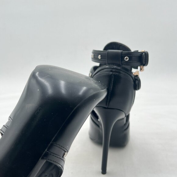 XYD Black Studs Peep Toe High Heels Buckled Double Straps Cutout Ankle Bootie - Picture 6 of 8